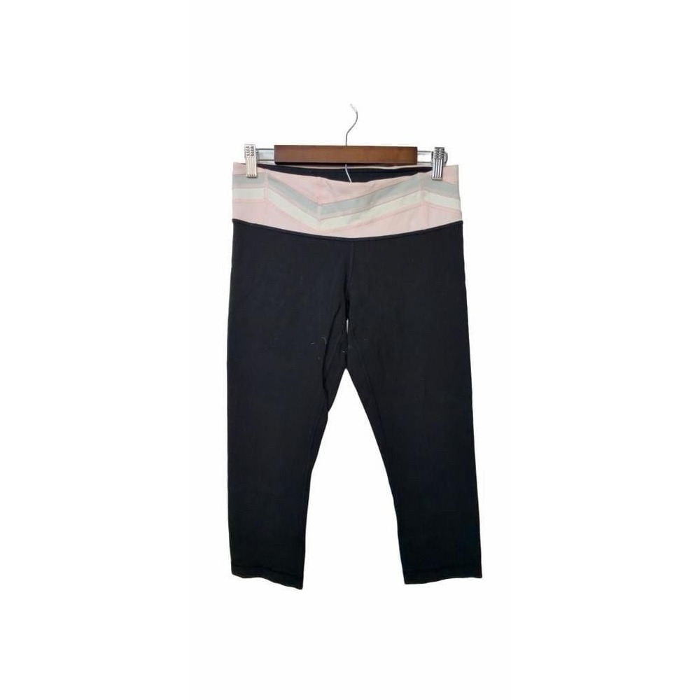Lululemon Black Crop Leggings with Pink and White Waistband Detail_A106
